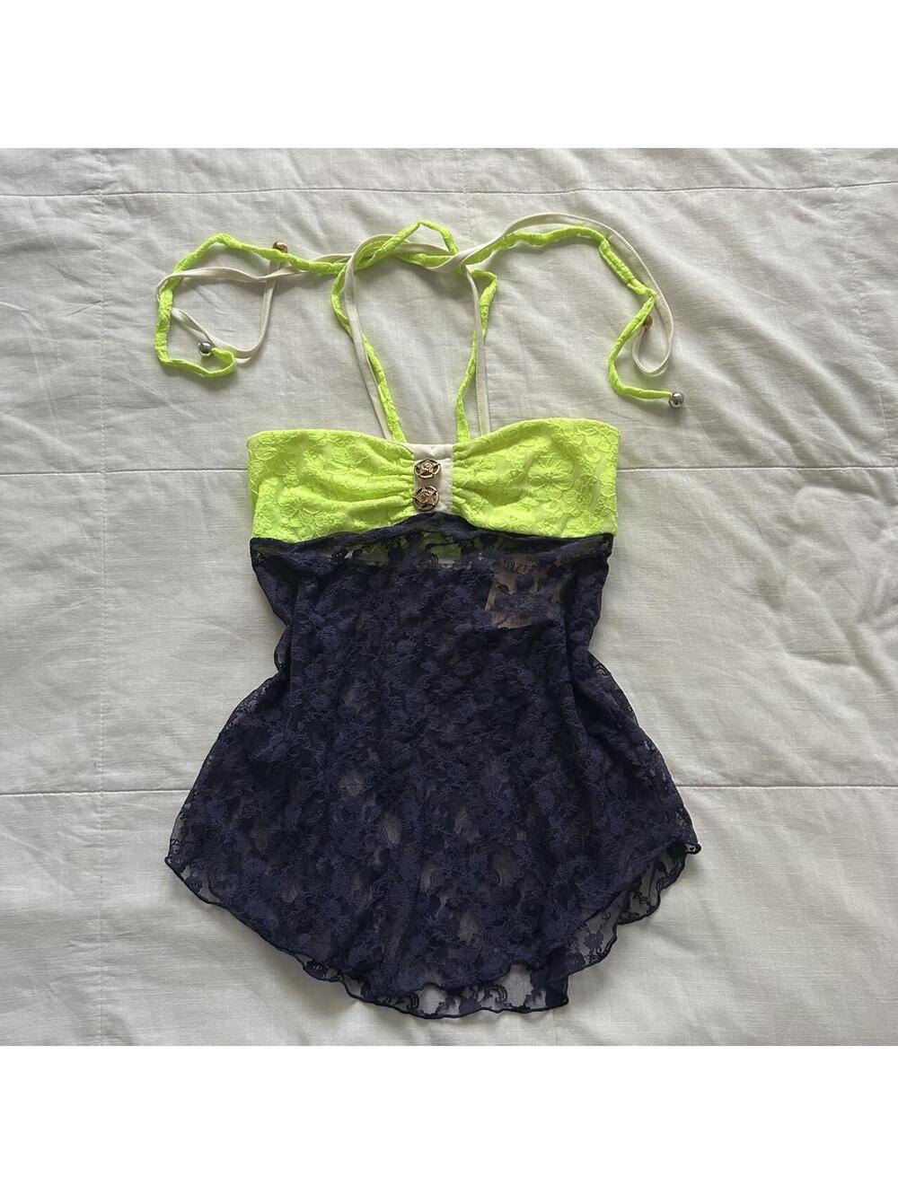 d.i.a. Neon Green Navy Lace Halter Babydoll Top Gold Buttons XS Japan NWT